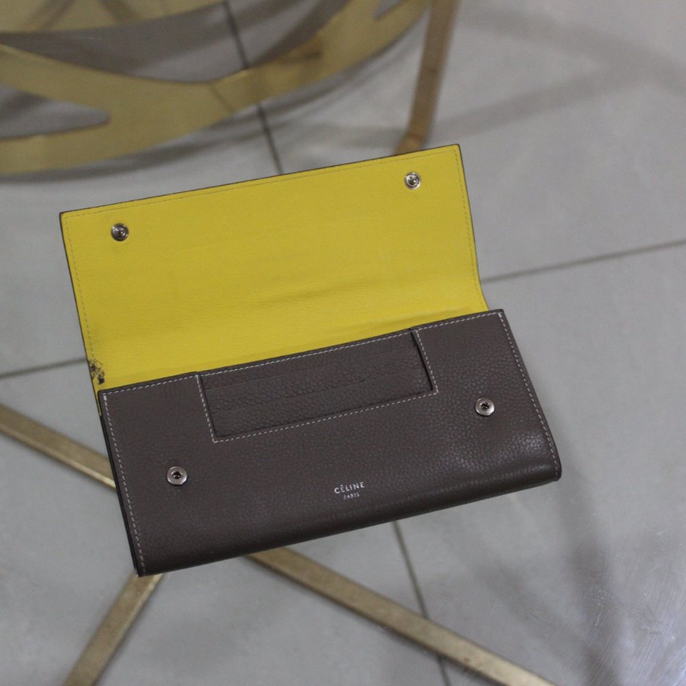Celine Long Flap Grey Yellow Inside Calfskin Leather Multifunction Wallet